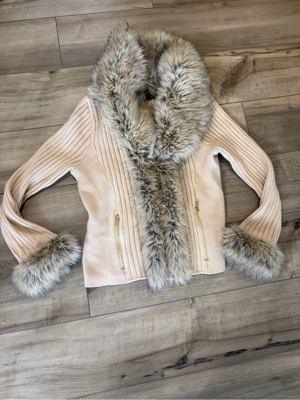 Boston Proper beige Faux Fur Trim light knit Jacket large
